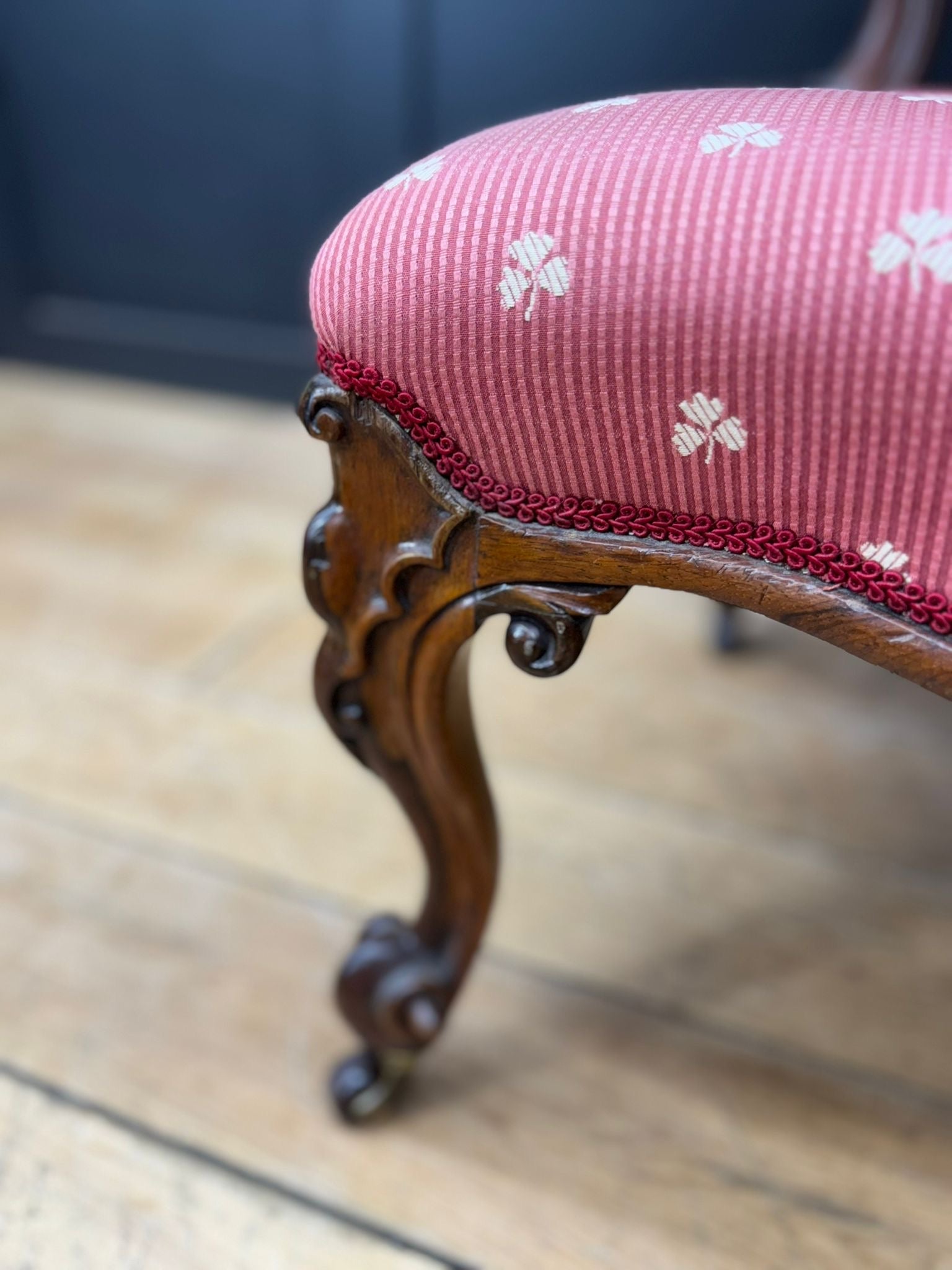 Victorian Carved Walnut Nursing Chair – Scroll Legs & Red Side Bedroom Chair