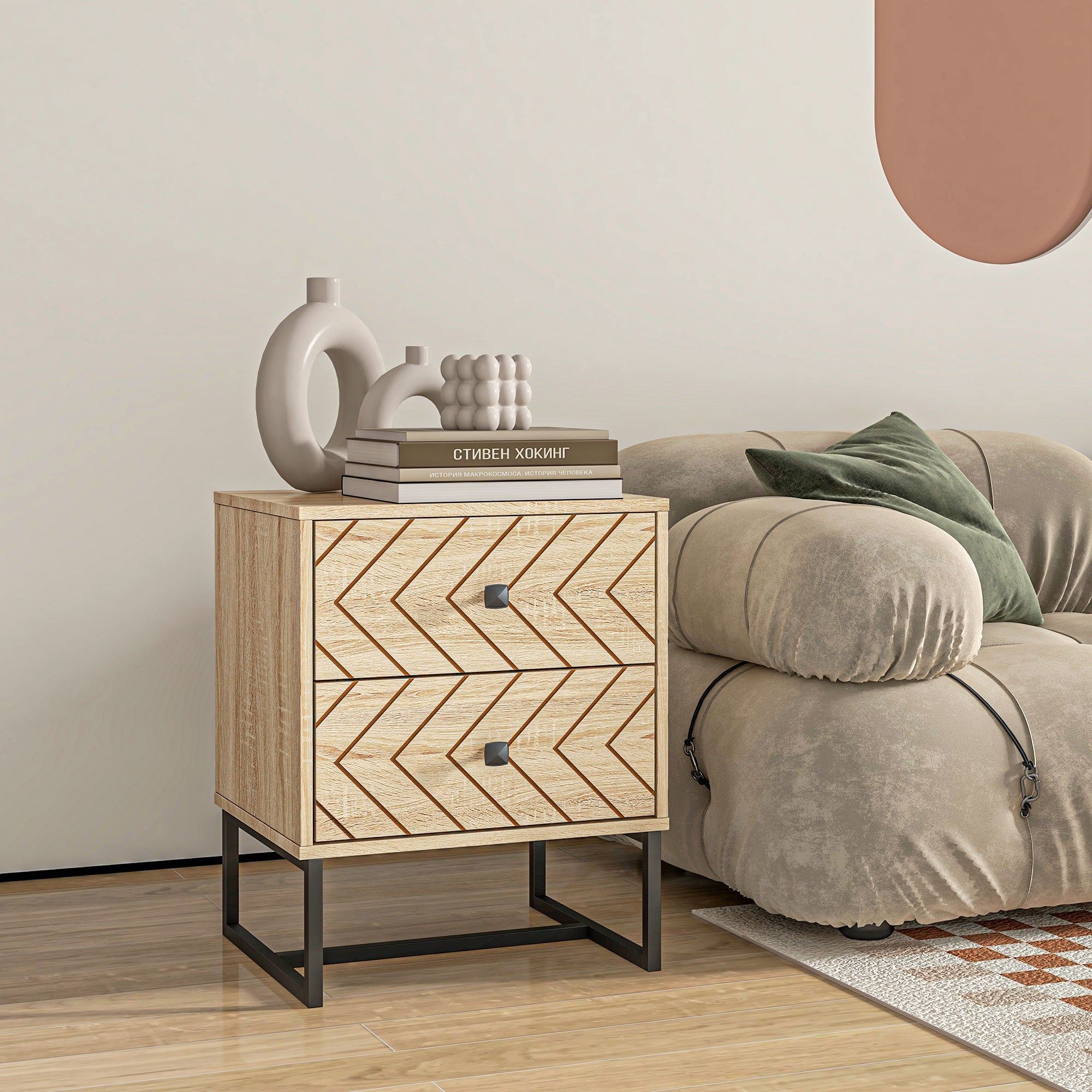 HOMCOM Bedside Table Nightstand Two-Drawer Bedroom Storage Unit Zig Zag Design with Black Metal Handles, Natural