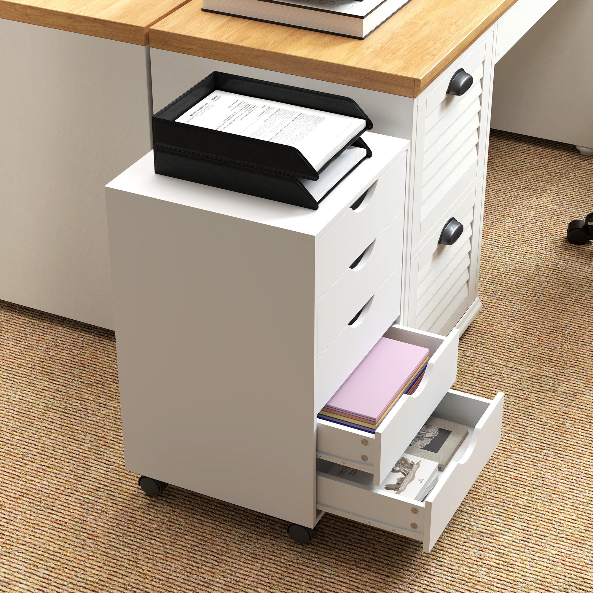 HOMCOM 5 Drawer Mobile Filing Cabinet, Vertical File Cabinet, Modern Rolling Office Storage Organizer Cupboard, White