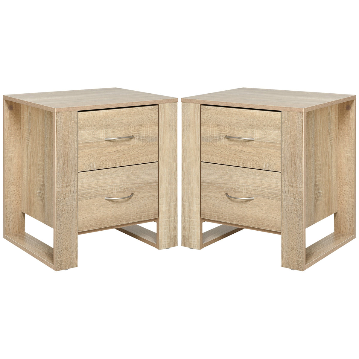 HOMCOM Bedside Table with 2 Drawers, Nightstand with Handles and Elevated Base, Side Table for Bedroom, Living Room, Set of 2, Brown