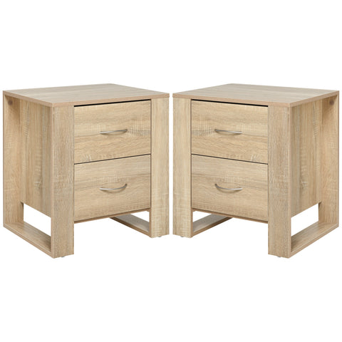 HOMCOM Bedside Table with 2 Drawers, Nightstand with Handles and Elevated Base, Side Table for Bedroom, Living Room, Set of 2, Brown
