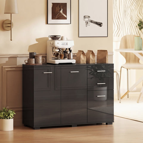 HOMCOM Sideboard, Modern Storage Cabinet with 2 Drawers, 3 Doors and Adjustable Shelves, High Gloss Black