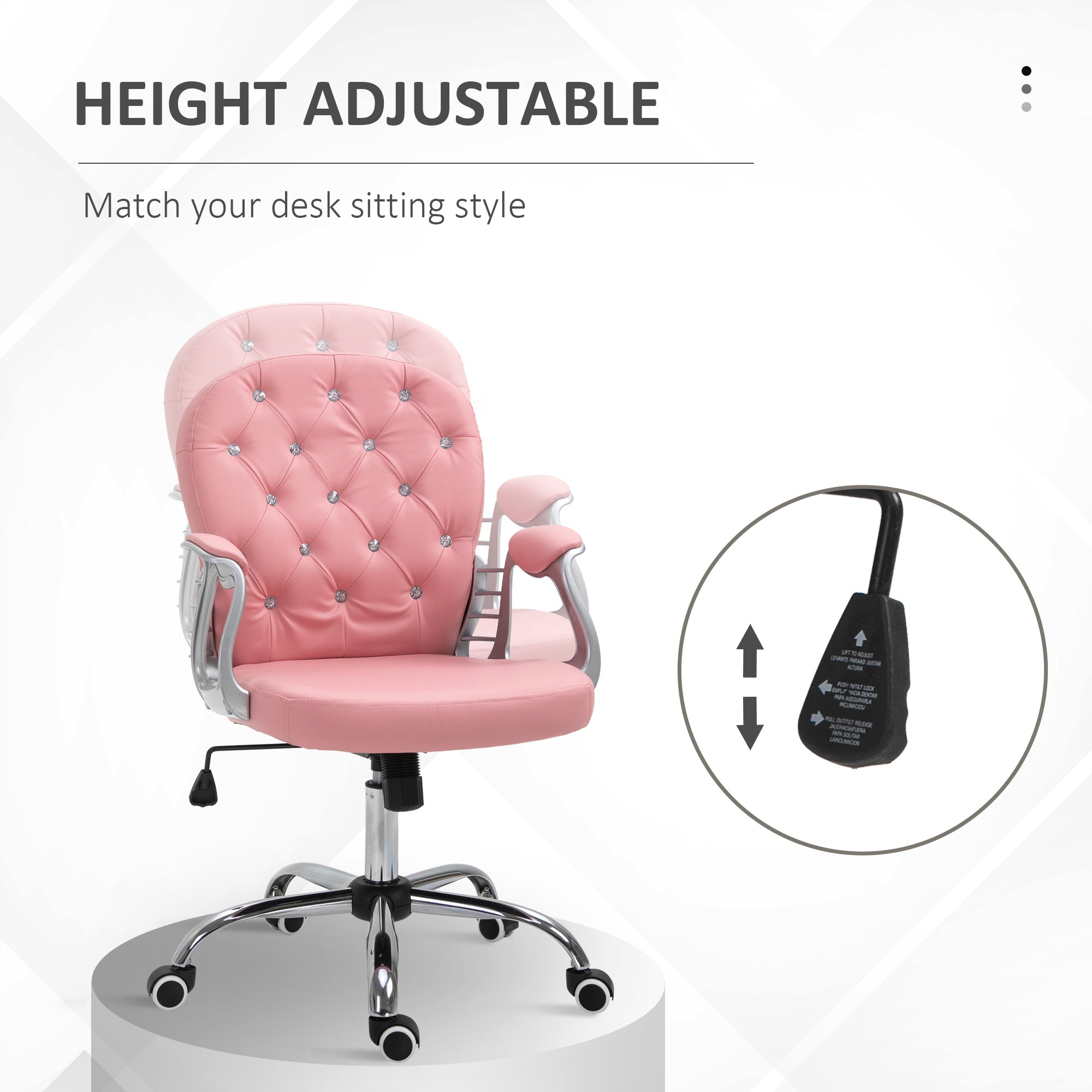Vinsetto Office Chair Ergonomic 360\'c2\'b0 Swivel PU Diamante Padded Base 5 Castor Wheels for Home Work Pink