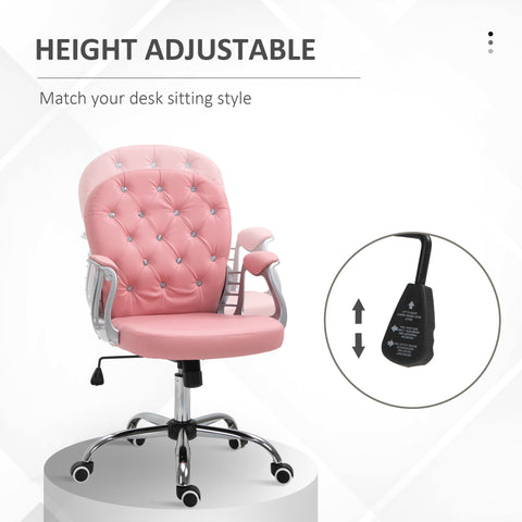 Vinsetto Office Chair Ergonomic 360\'c2\'b0 Swivel PU Diamante Padded Base 5 Castor Wheels for Home Work Pink