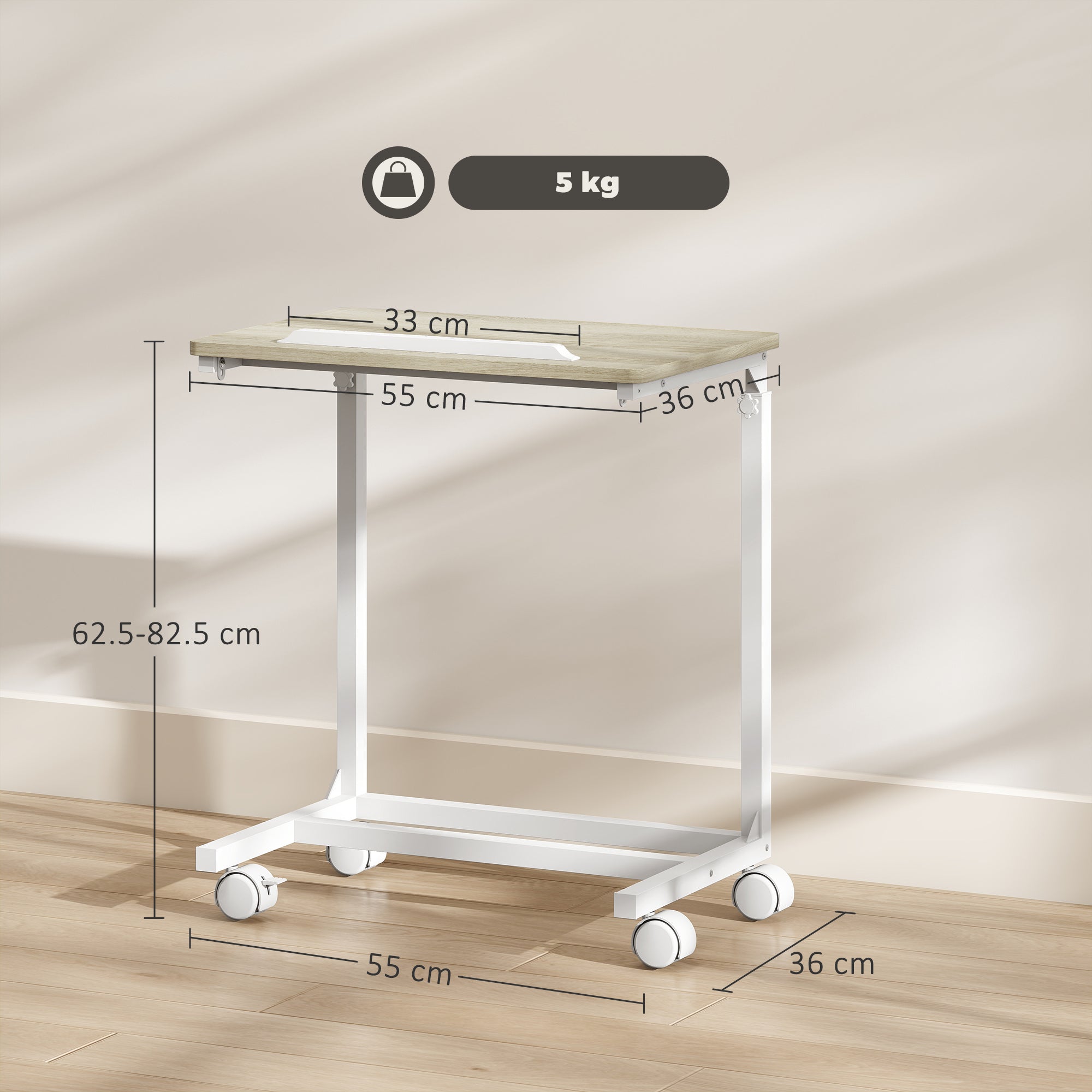 HOMCOM C-Shaped Sofa Side Table, Height Adjustable Overbed Table with Tilting Desktop, Mobile Laptop Desk for Living Room Bedroom, Oak and White