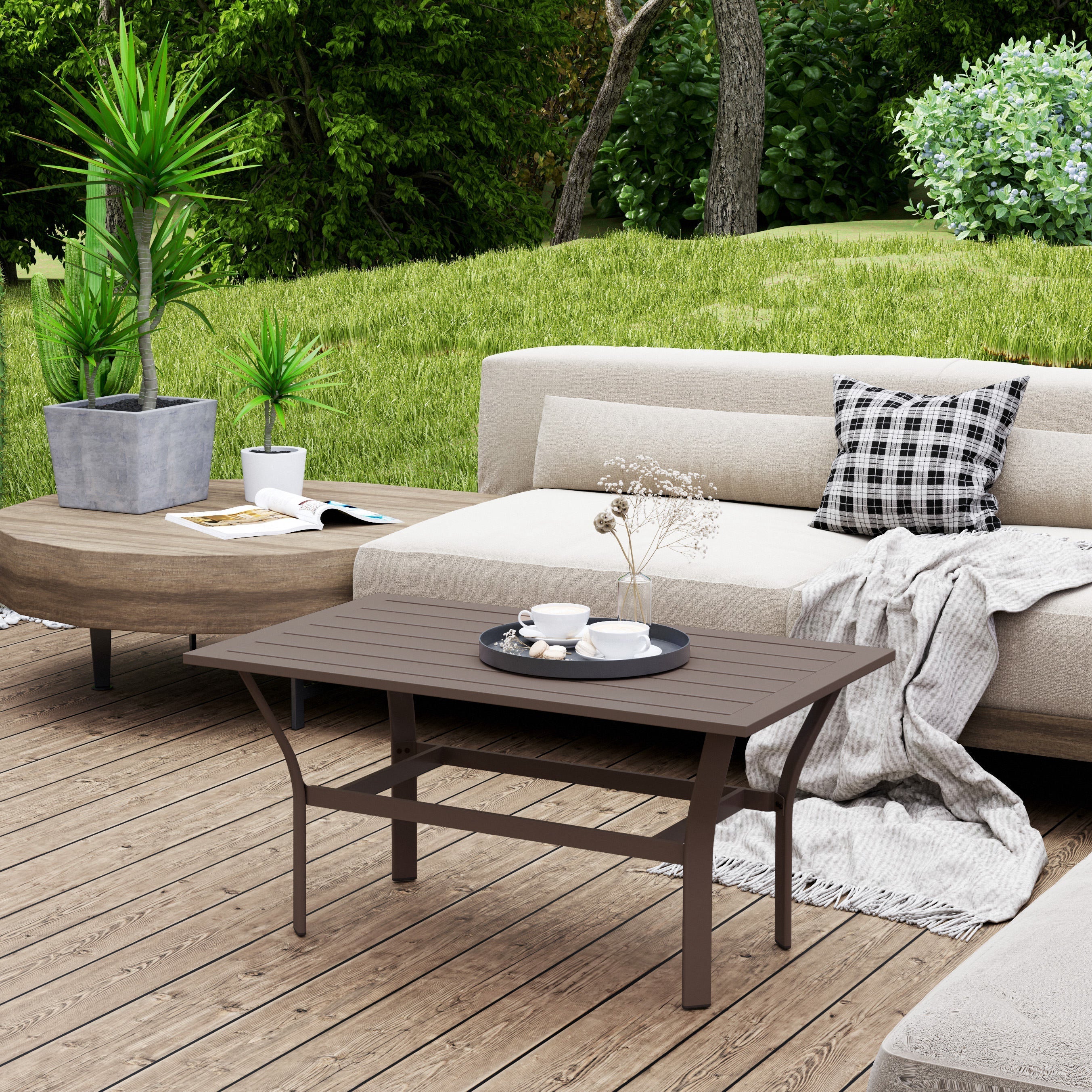 Outsunny Metal Garden Coffee Table, Rectangular Outdoor Side Table with Slatted Tabletop, Foot Pads for Outside, Garden, Balcony, Porch, 91.5 x 55 x 45cm, Brown