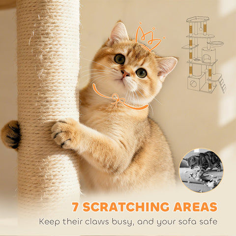 PawHut 170 cm Large Cat Tree, Cat Tower with 7 Scratching Posts, 2 Condos, Hammock,  Light Grey