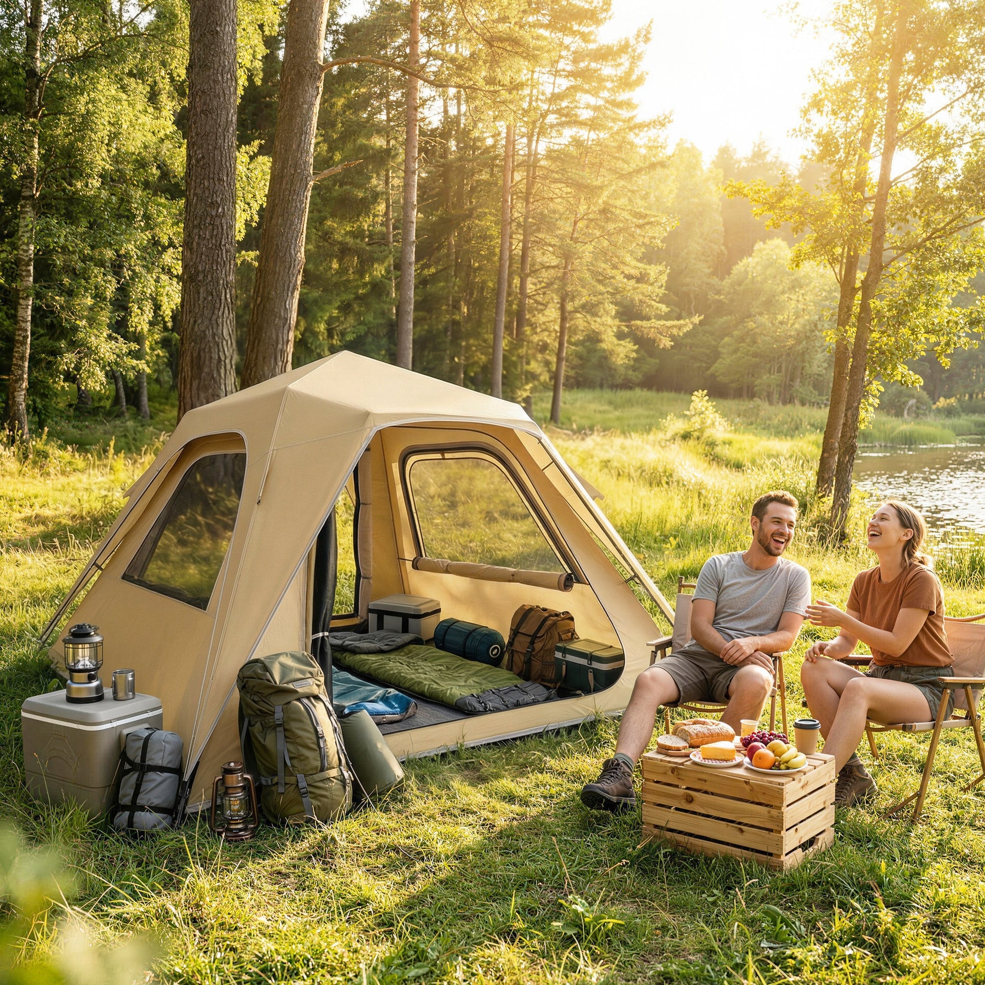Outsunny Pop Up Tent 3000mm Waterproof Camping Tents with Mesh Windows 2-3 People Khaki
