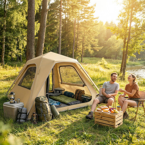 Outsunny Pop Up Tent 3000mm Waterproof Camping Tents with Mesh Windows 2-3 People Khaki
