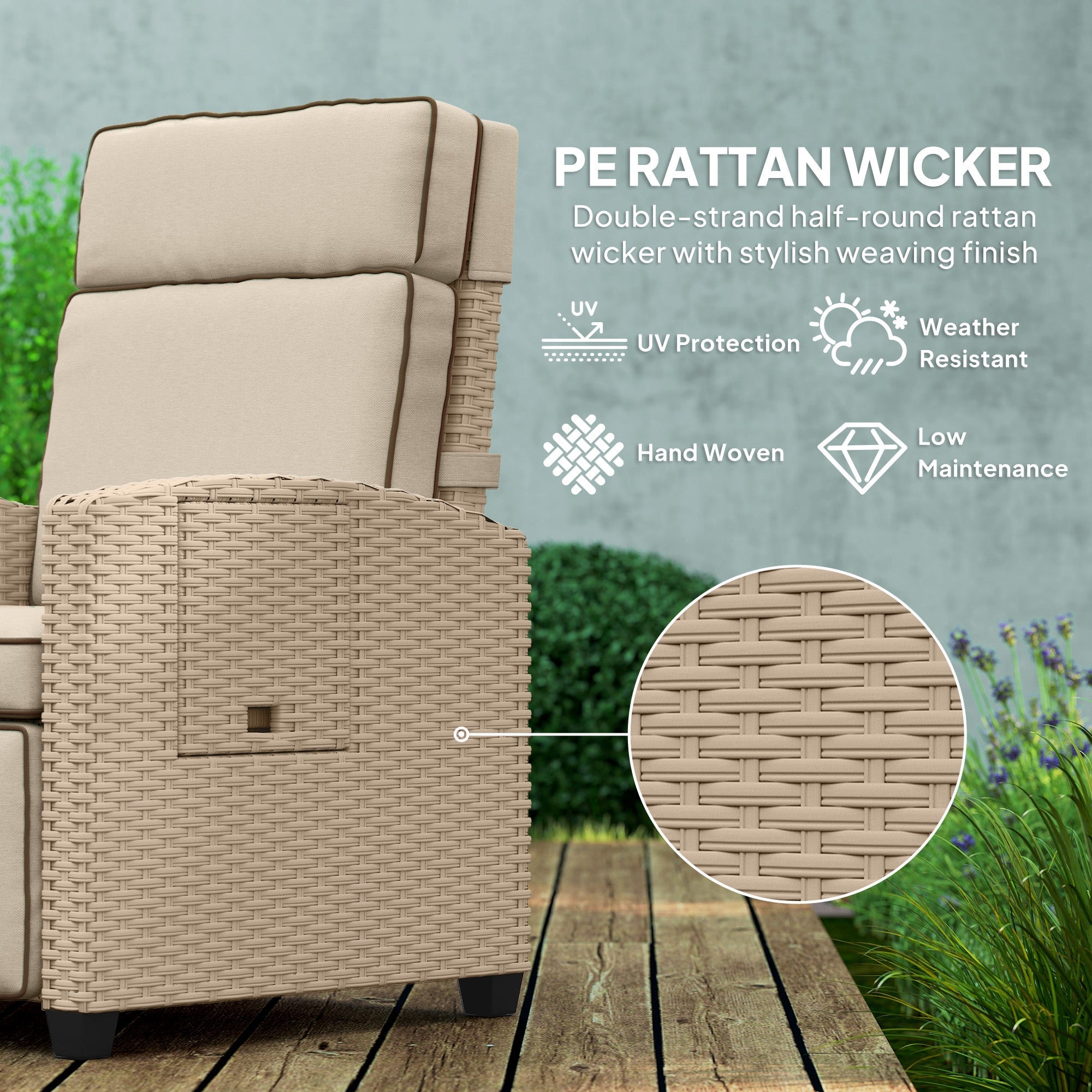 Outsunny Rattan Garden Recliner Chair, Adjustable Backrest Reclining Rattan Chair with Flip Table, Cushion and Footrest, Indoor Outdoor Lounge Reclining Sun Lounger for Patio, Yellow/Beige