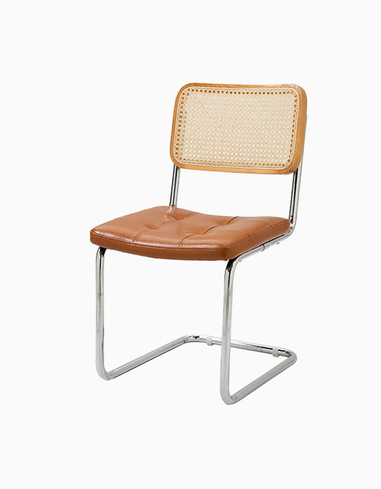 Classic Keaton Rattan Dining Chair, Leather & Chrome, Armless