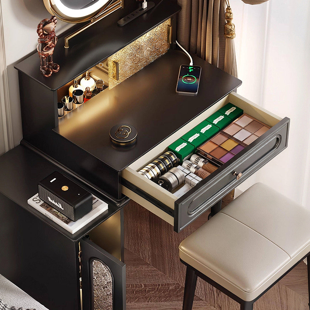 Nguyen Dressing Table With Side Cabinet & LED Mirror, Black