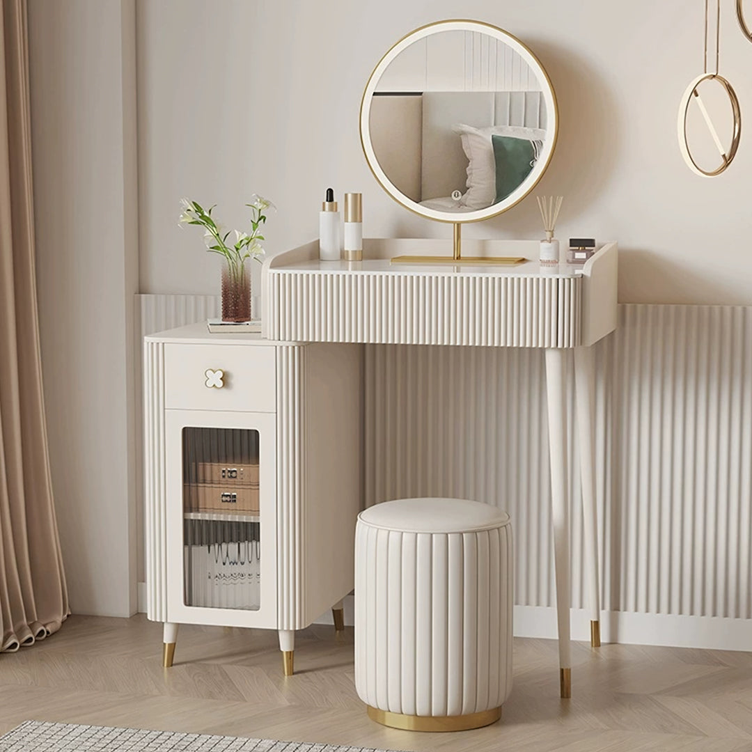 Asante Small Dressing Table With Side Cabinet & LED Mirror, Cream