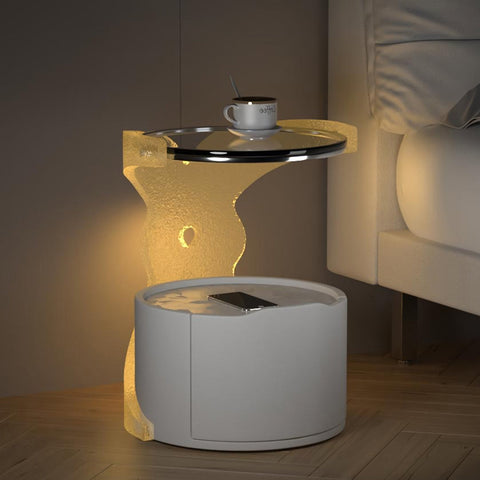 Hutton Round Bedside Table With Storage & Light Strip