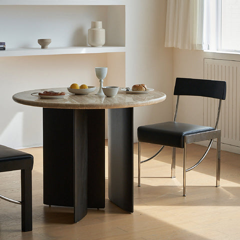 Boulanger Round Dining Table, Solid Wood & Travertine