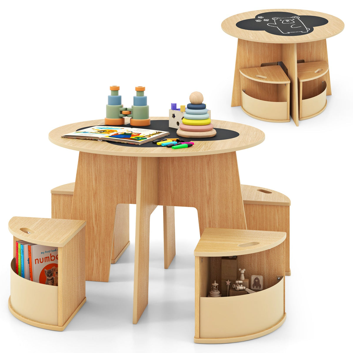 5 PCS Kids Table and Chair Set with Writable Blackboard Desktop-Natural