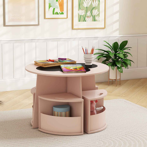 5 PCS Kids Table and Chair Set with Writable Blackboard Desktop-Natural