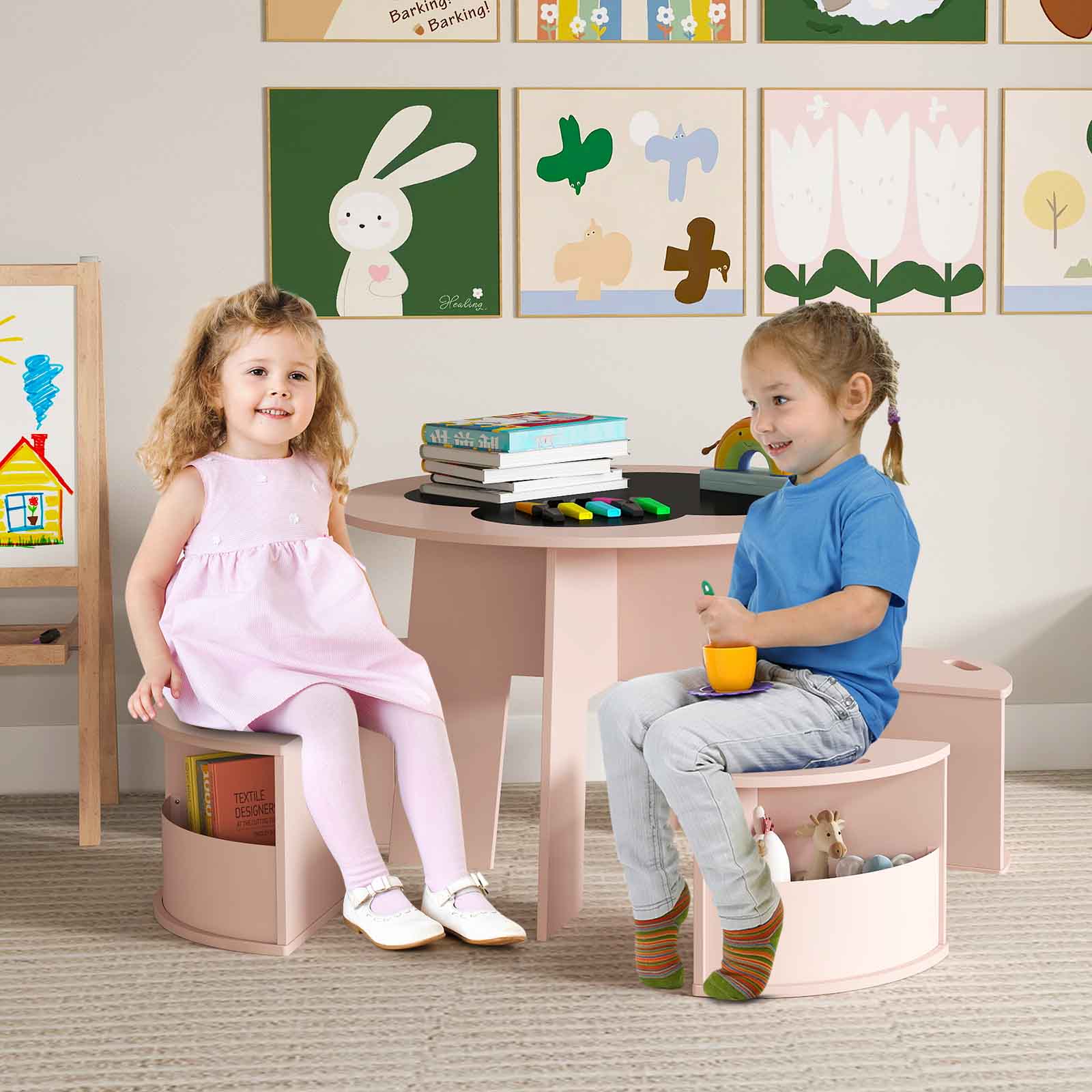 5 PCS Kids Table and Chair Set with Writable Blackboard Desktop-Natural