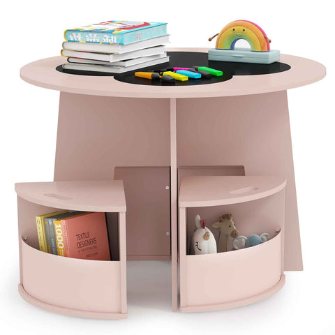 5 PCS Kids Table and Chair Set with Writable Blackboard Desktop-Natural