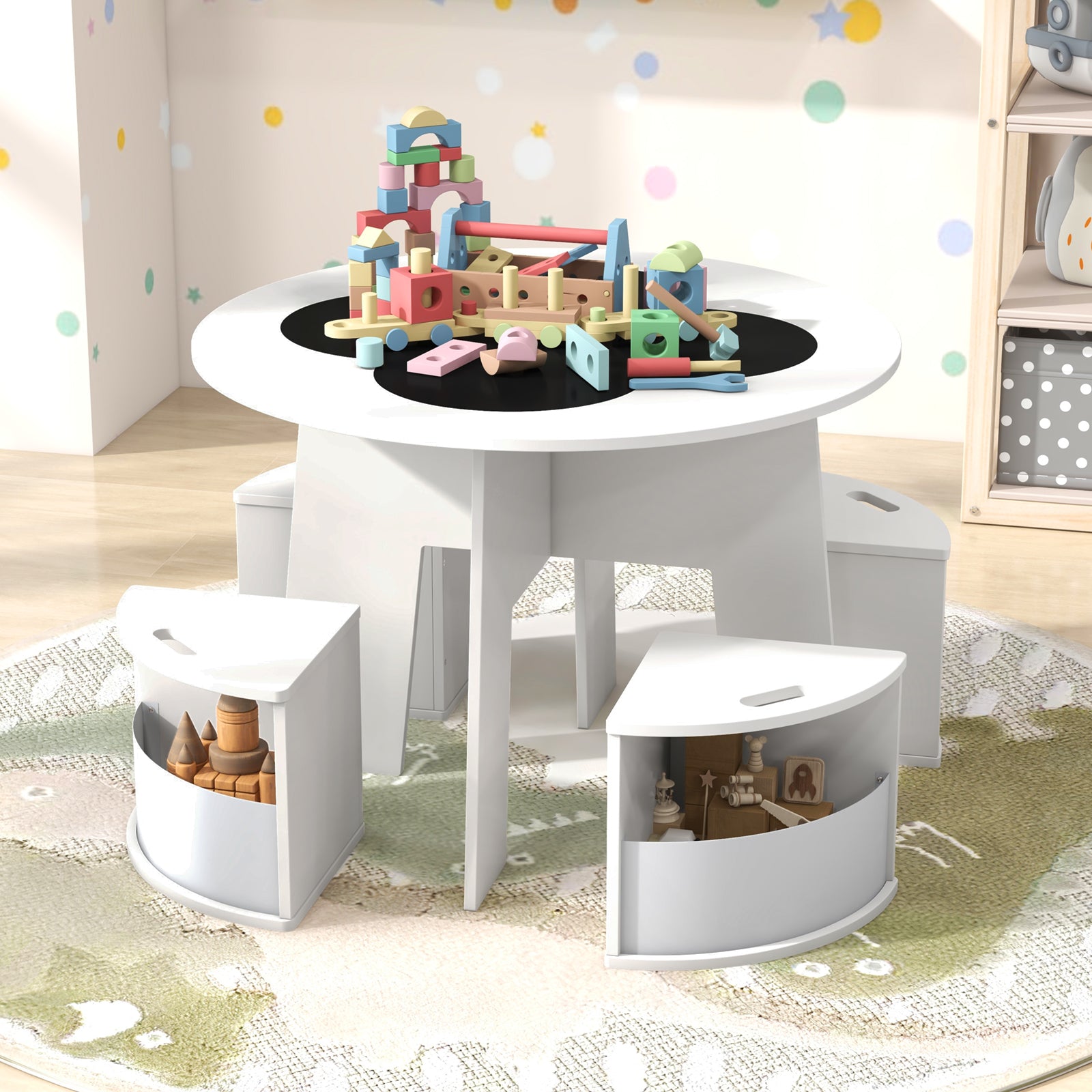 5 PCS Kids Table and Chair Set with Writable Blackboard Desktop-Natural