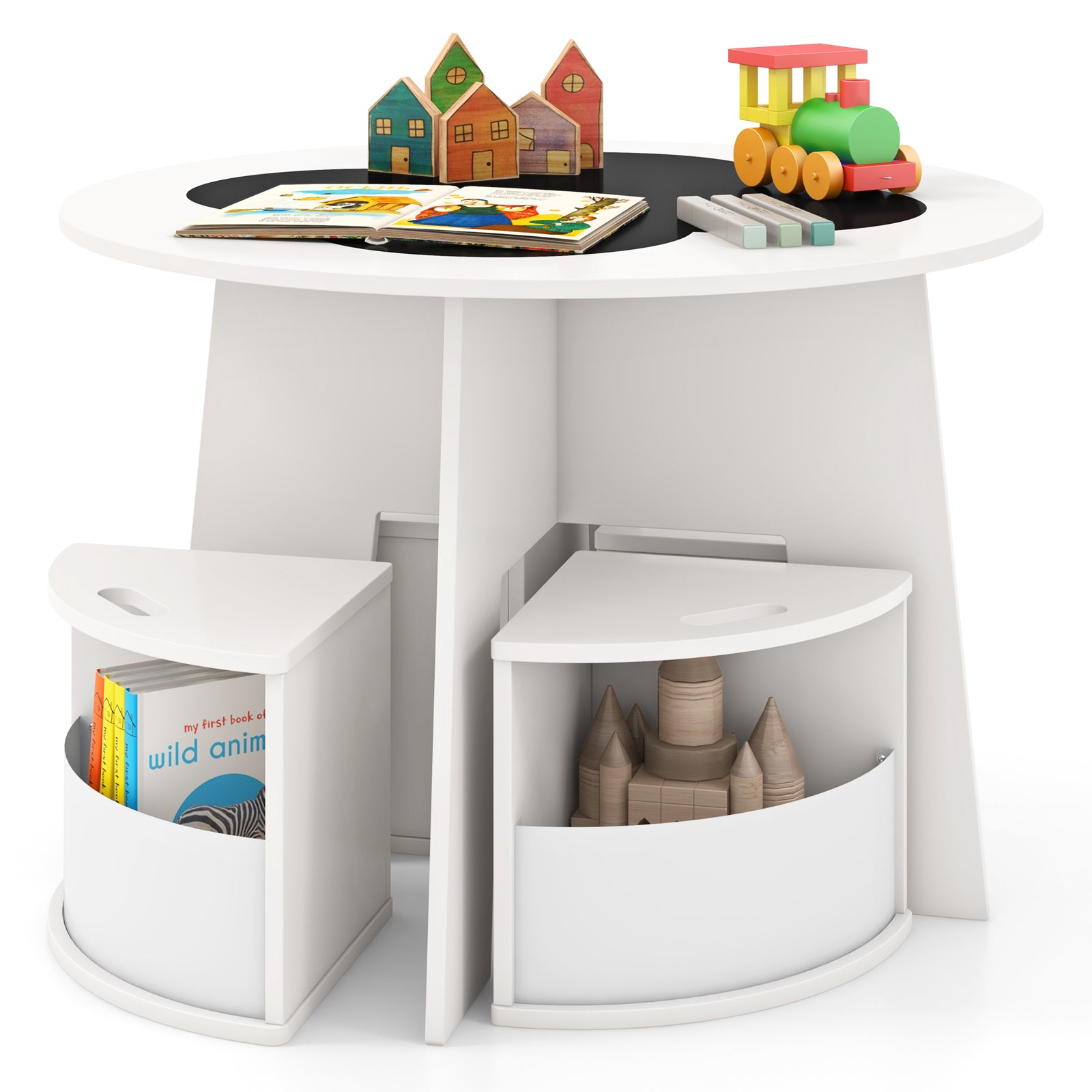 5 PCS Kids Table and Chair Set with Writable Blackboard Desktop-Natural
