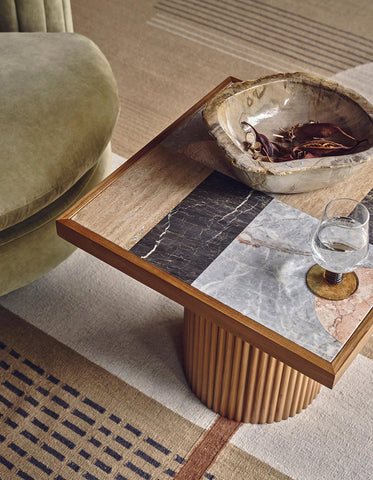 D'Souza Square Side Table, Solid Wood & Marble