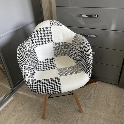 5-Piece Halo Dining Set - White Table & 4 Black/White Patchwork Armchairs