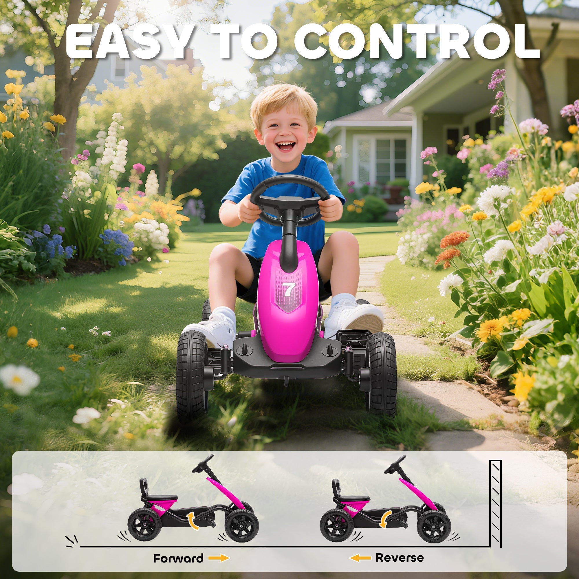 AIYAPLAY Pedal Go Kart for Kids 2-5 Years, with Silent EVA Wheels, Metal Frame, Pink