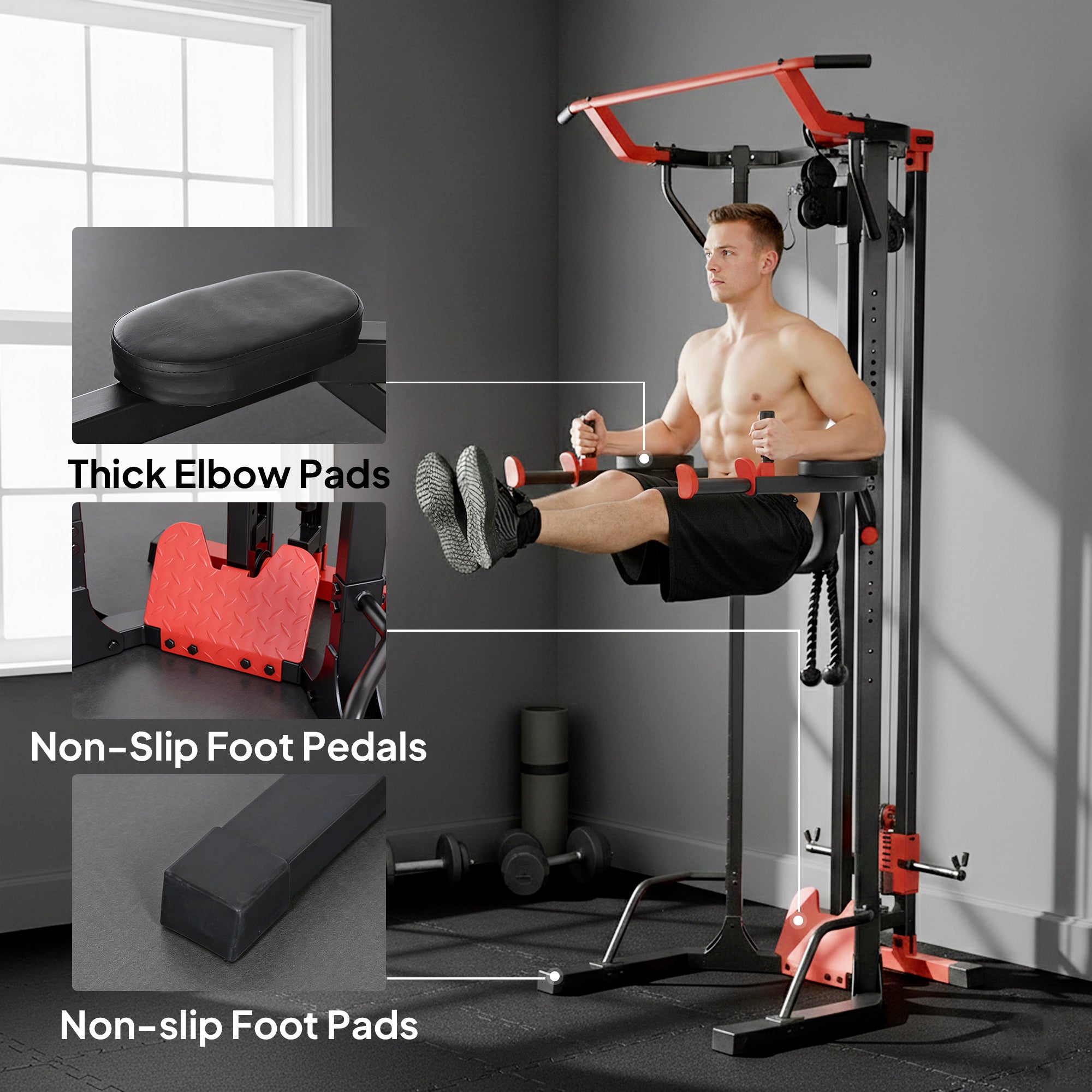 SPORTNOW Power Tower with Lat Pull Down Machine, Pull Up Bar, Dip Station, Adjustable Height Power Pack for Home Gym