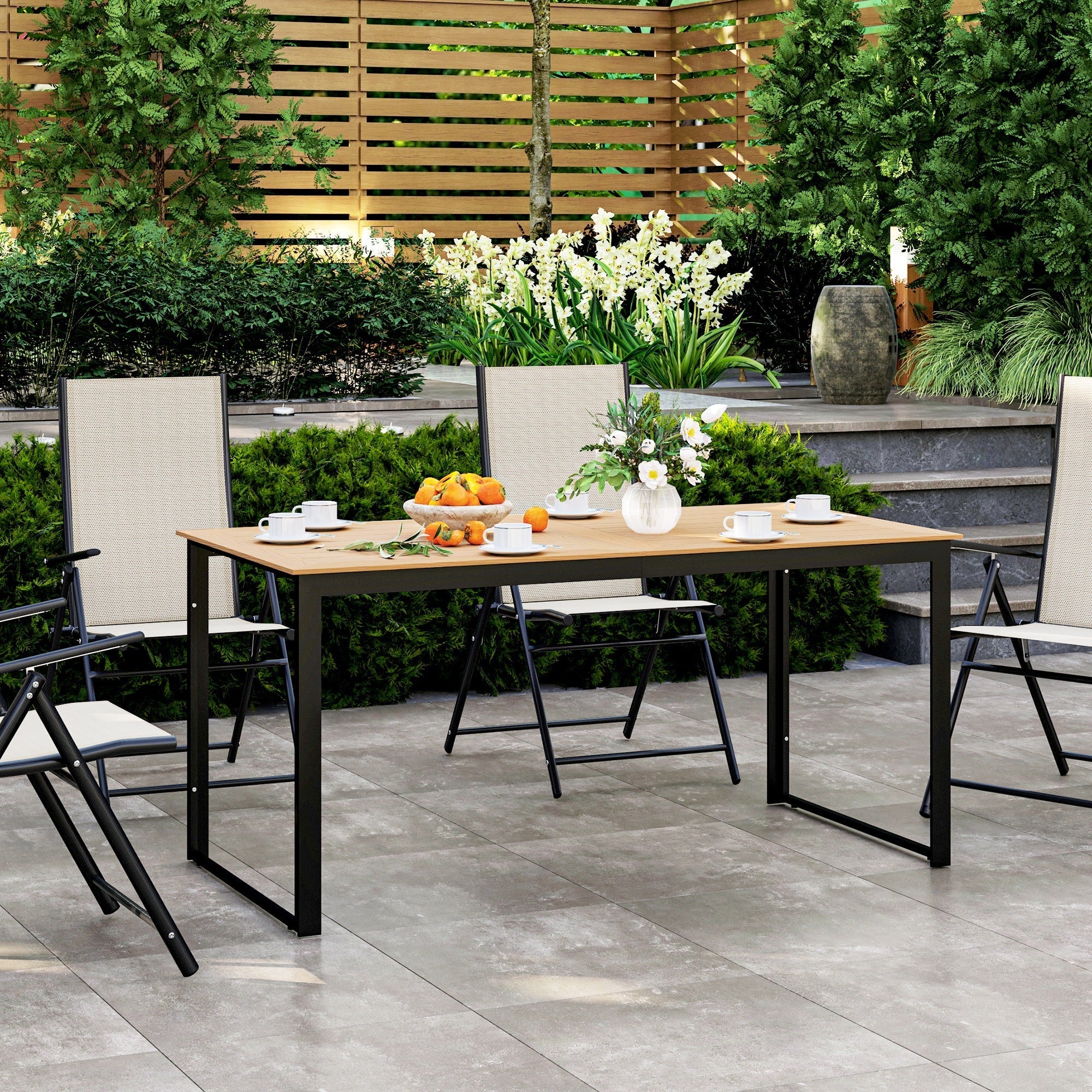 Outsunny Garden Table for 6 People, 160 x 80 x 75 cm Rectangle Outdoor Dining Table with Slatted Table Top, Metal Frame, for Balcony, Deck, Teak