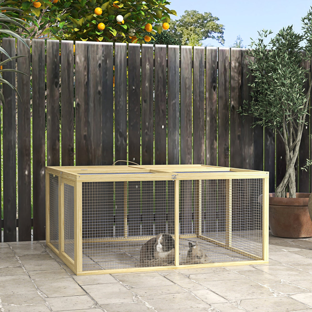 PawHut Wooden Folding Rabbit Hutch, for 2-3 Rabbits - Natural Wood