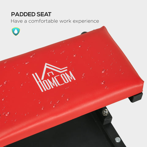 HOMCOM Workshop Stool, Rolling Mechanic Stool with 360 Degree Swivel, Padded Seat, Tool Tray, for Garage, Workshop, Auto Repair, Red