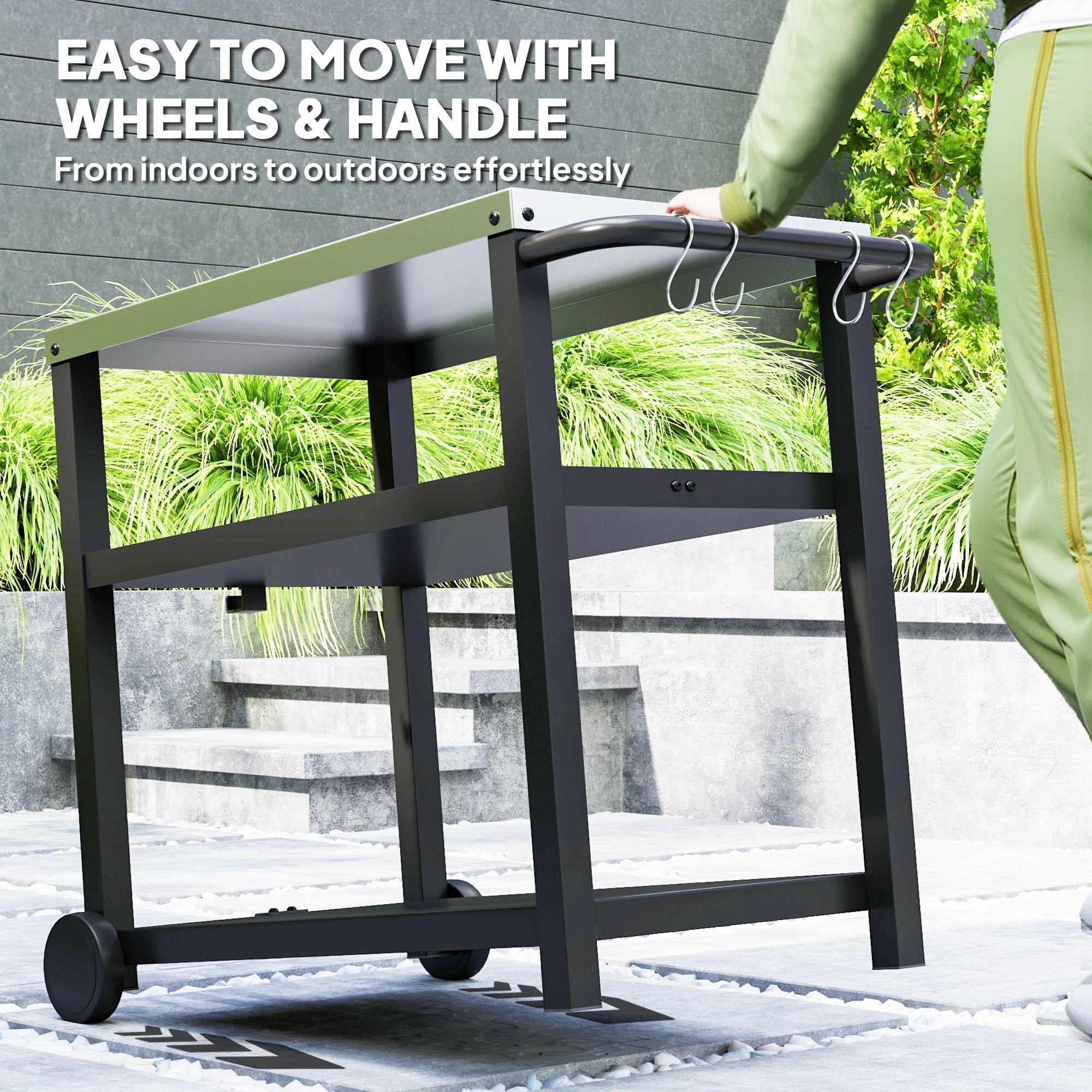 Outsunny Outdoor Grill Dining Cart 3-Shelf Movable Pizza Oven Table Stand with Stainless Steel Top, Portable BBQ Trolley Food Prep Outdoor Kitchen BBQ Station with Hooks Wheels Handle, Charcoal Grey
