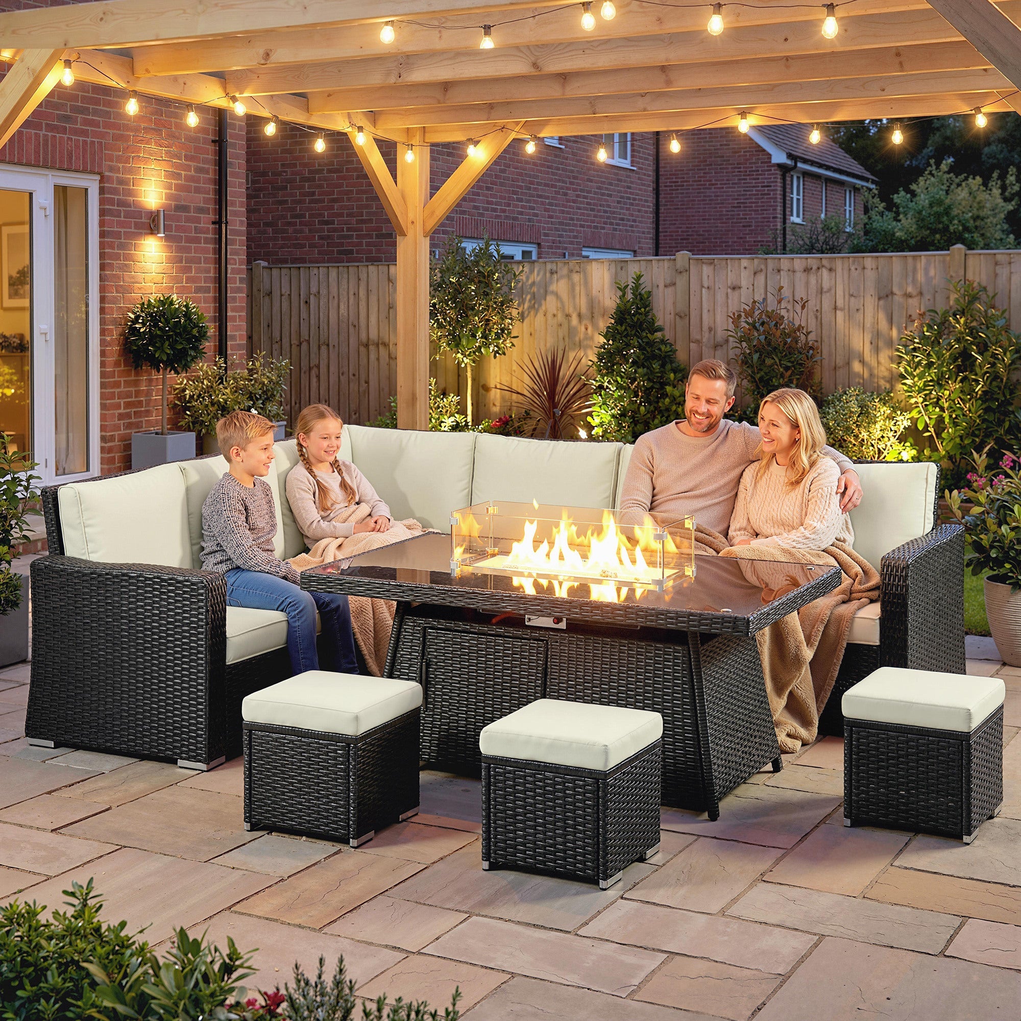 Outsunny 7 Pieces PE Rattan Garden Furniture Set, 50,000 BTU Gas Fire Pit Table, Double Corner Sofa and 3 Footstools