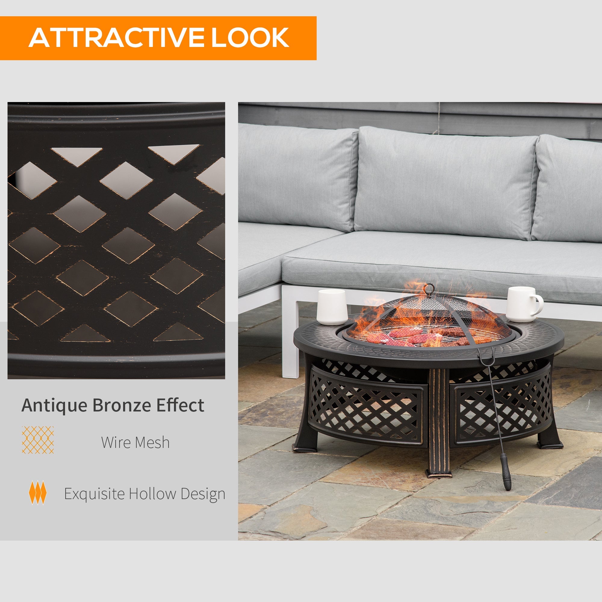 Outsunny Outdoor Fire Pit, Firepit with Grill Net, Mesh Lid, Poker, for Camping, Bonfire, Picnic, Bronze Tone