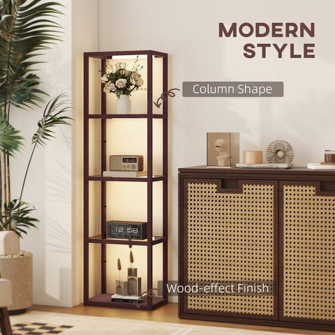 HOMCOM LED Floor Lamp with Glass Shelves, 4 Layers Dimmable Tall Standing Lamp, Modern Column Shelf Floor Light for Living Room, Bedroom, Office, Dark Brown
