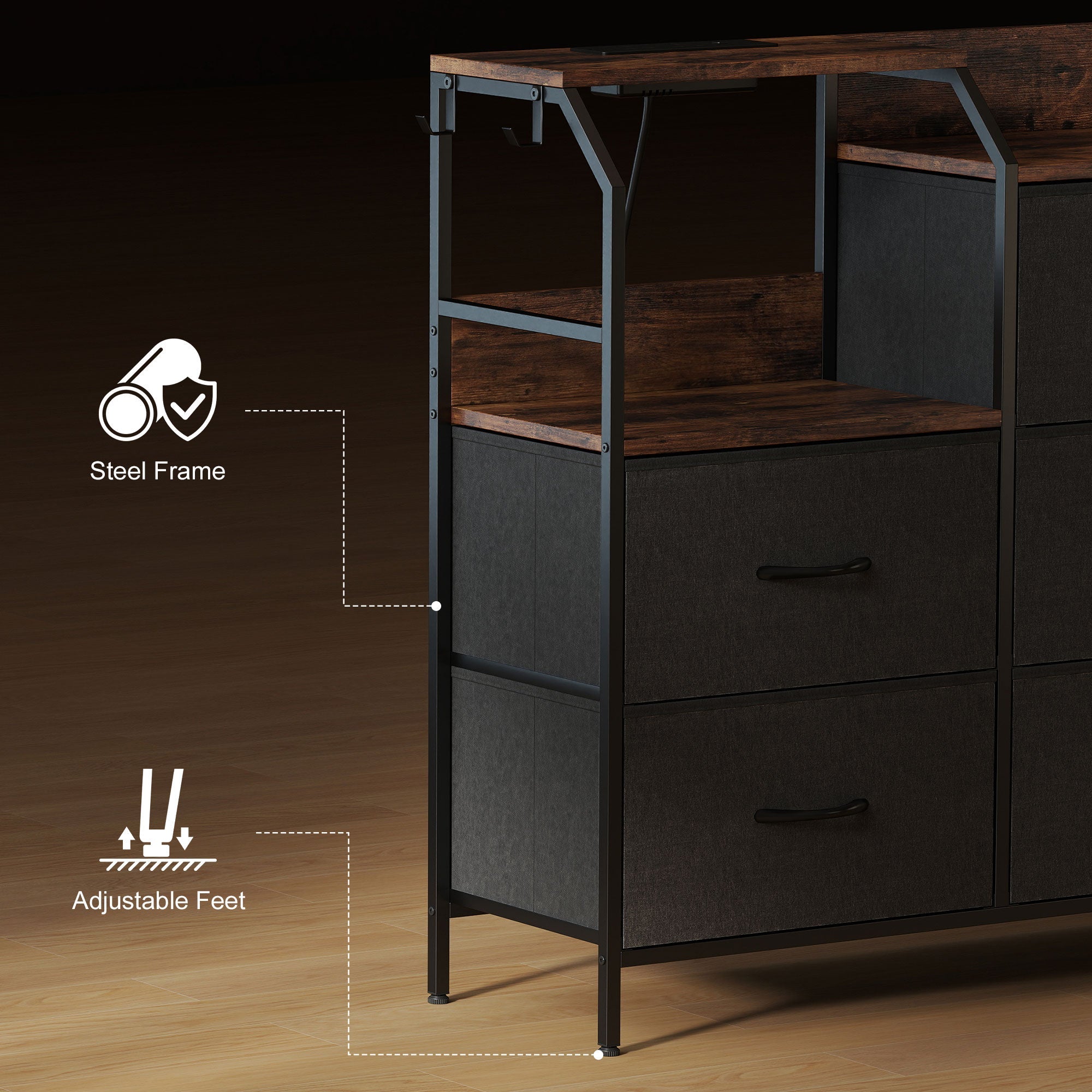 HOMCOM Chest of Eight Drawers, with Charging Station - Brown/Black