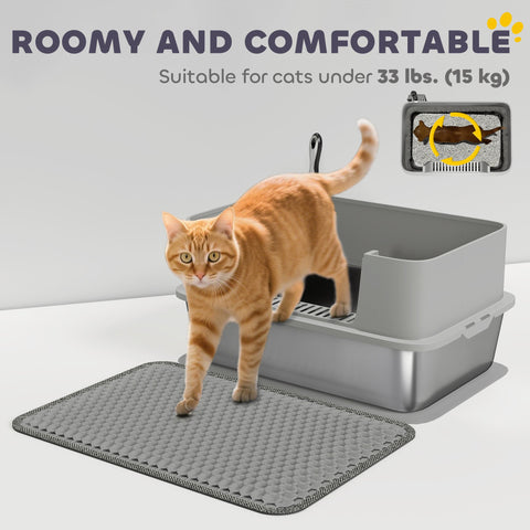 PawHut High Sided Stainless Steel Litter Box, Metal Cat Litter Tray with Metal Scoop, Litter Mat, Never Absorbs Odors, Grey