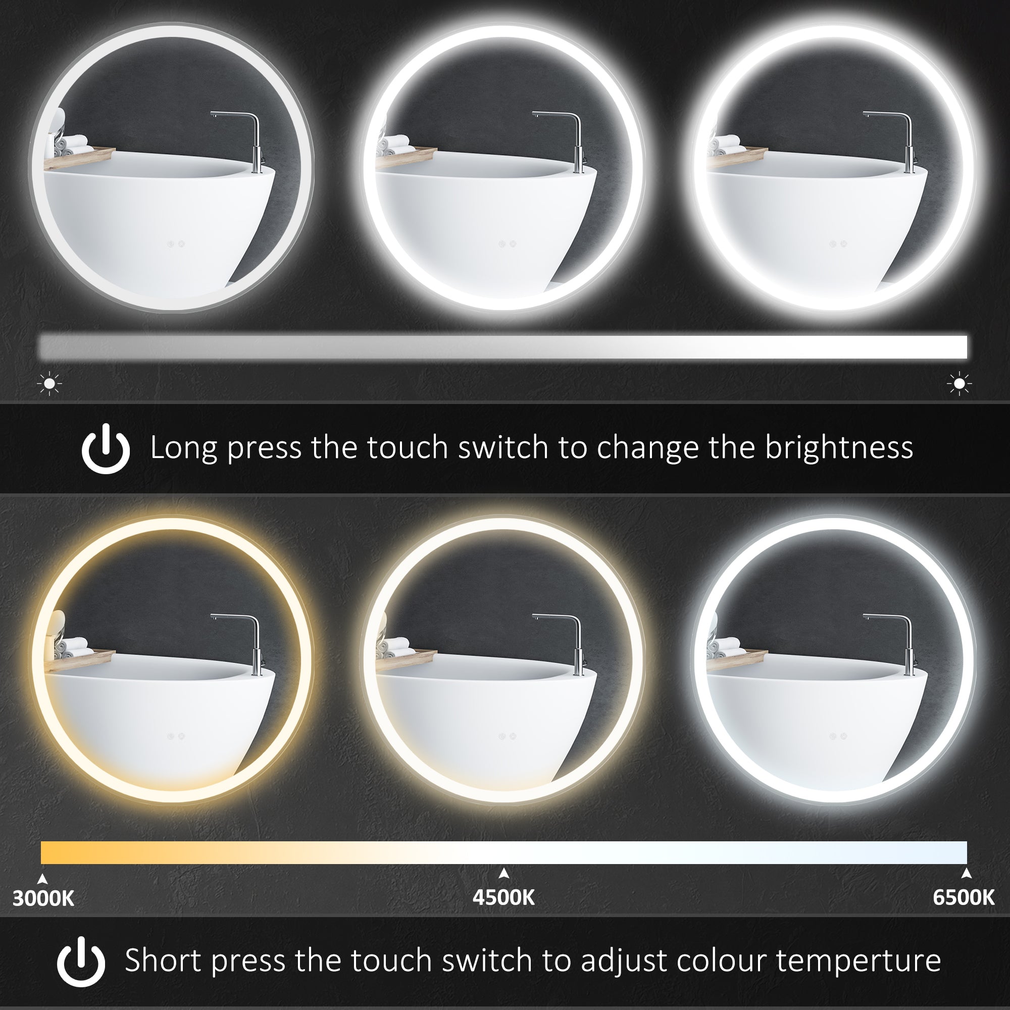 kleankin Round Bathroom Mirror with LED Lights, Wall Mount Dimmable Makeup Mirror with 3 Temperature Colours, Defogging Film and Memory Function, Frameless, Hardwired, 60 x 60\'c2\'a0cm