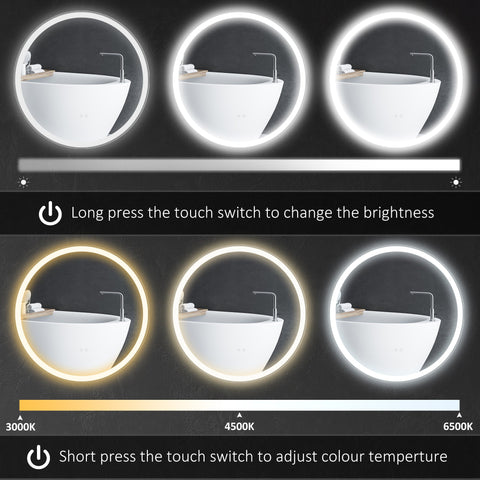 kleankin Round Bathroom Mirror with LED Lights, Wall Mount Dimmable Makeup Mirror with 3 Temperature Colours, Defogging Film and Memory Function, Frameless, Hardwired, 60 x 60\'c2\'a0cm