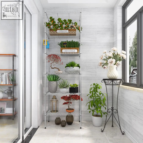 Silver wire shelving unit with five tiers holding potted plants and decor perfect for living room storage and organization