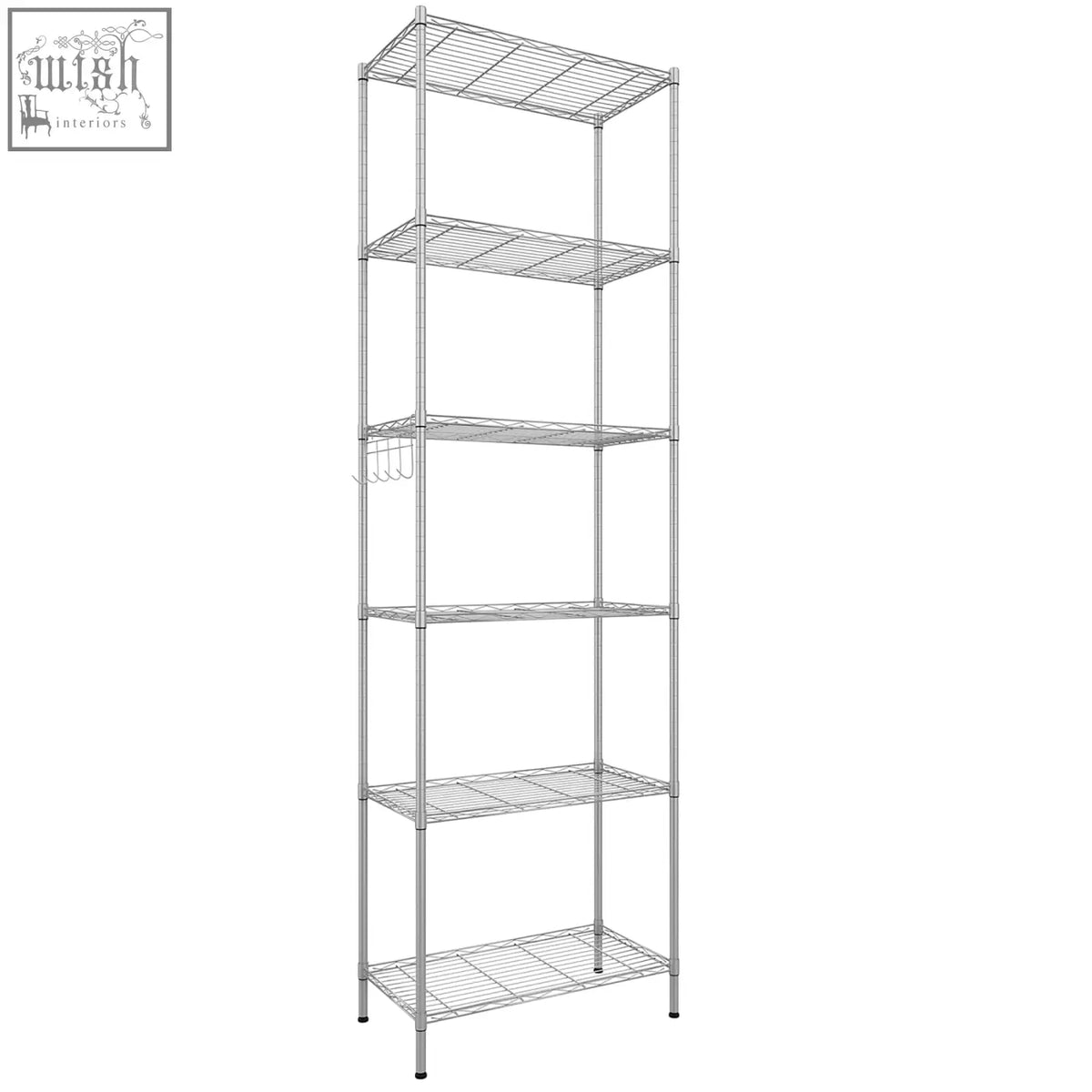 Silver wire shelving unit with five tiers and hanging hook perfect for organizing living room or kitchen storage needs