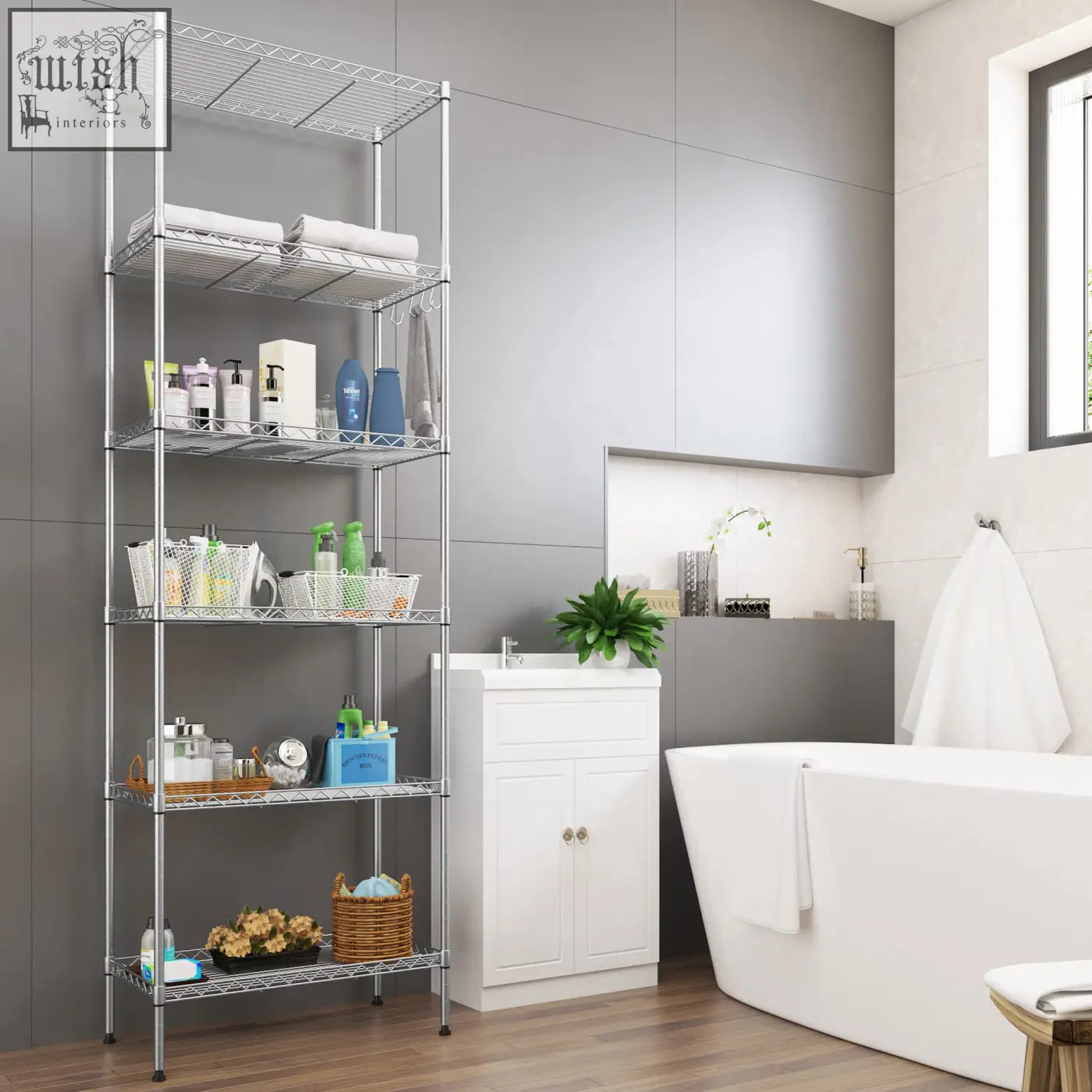 Silver wire shelving unit with five tiers and black feet ideal for living room storage and organization