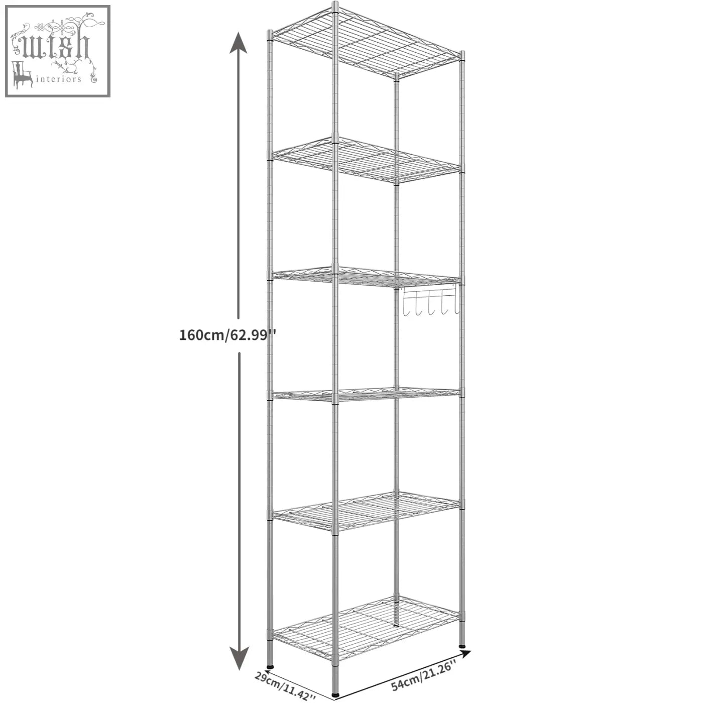 Silver wire shelving unit with five tiers and a hanging hook on the third shelf for living room storage