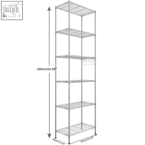 Silver wire shelving unit with five tiers and a hanging hook on the third shelf for living room storage