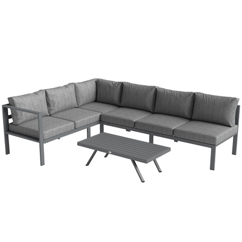 Outsunny 3 Pieces Garden Furniture Set, Aluminium Corner Lounge Set with Adjustable Backrest and Coffee Table