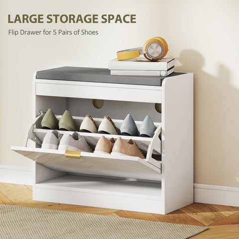 HOMCOM Shoe Storage with Seat, Upholstered Entryway Bench, Shoe Bench with 1 Flip Drawer and 4 Vents for 5 Pairs of Shoes