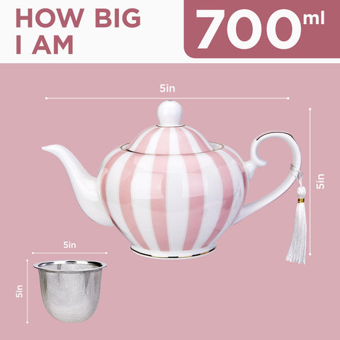 London Boutique teapot with Infuser - Tea Pot infusers for Loose Tea -700ml Capacity Perfect 2 Cup teapot -Easy Grab Handle Teapots (Pink Strips)