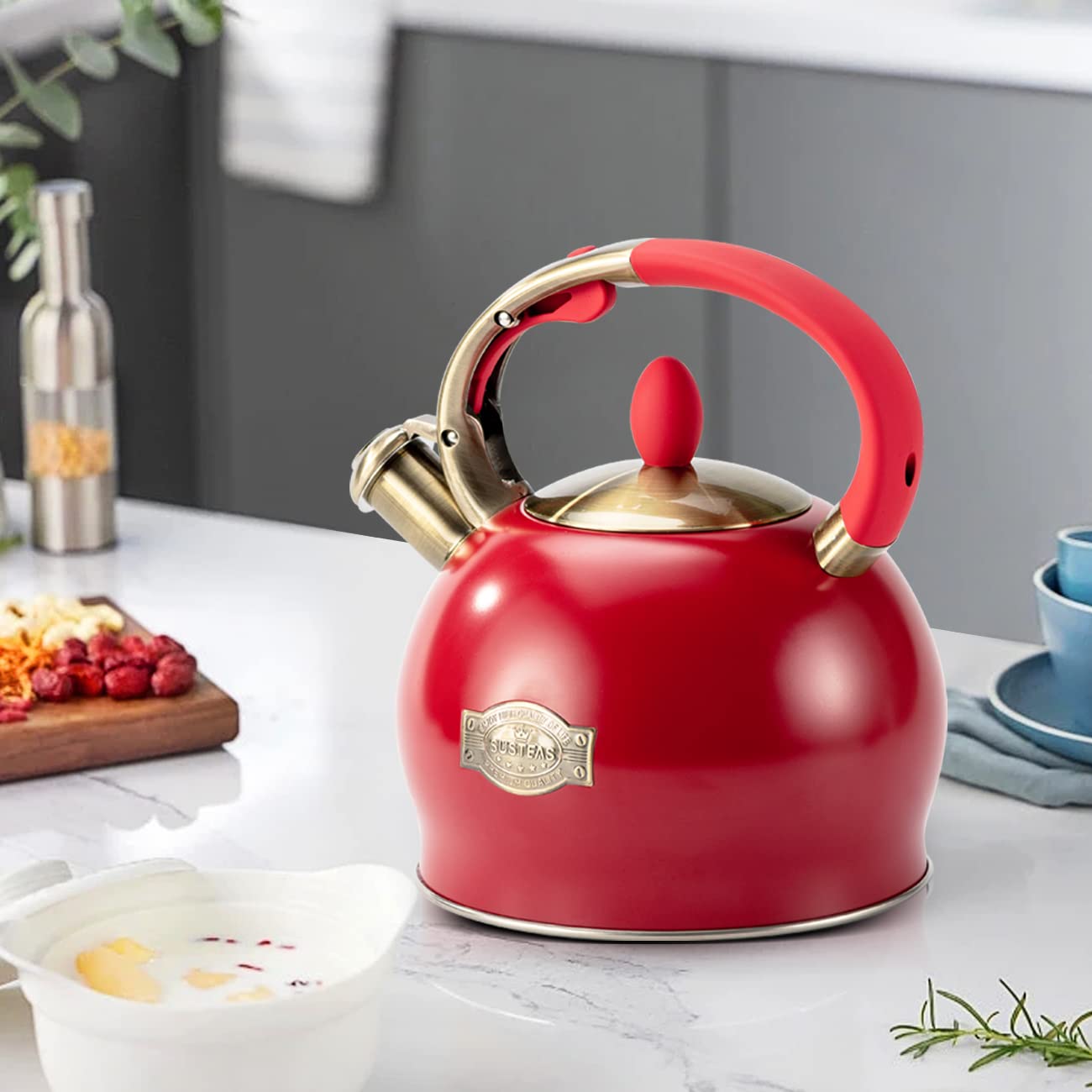SUSTEAS Stove Top Whistling Tea Kettle-Surgical Stainless Steel Teakettle Teapot with Cool Touch Ergonomic Handle,1 Free Silicone Pinch Mitt