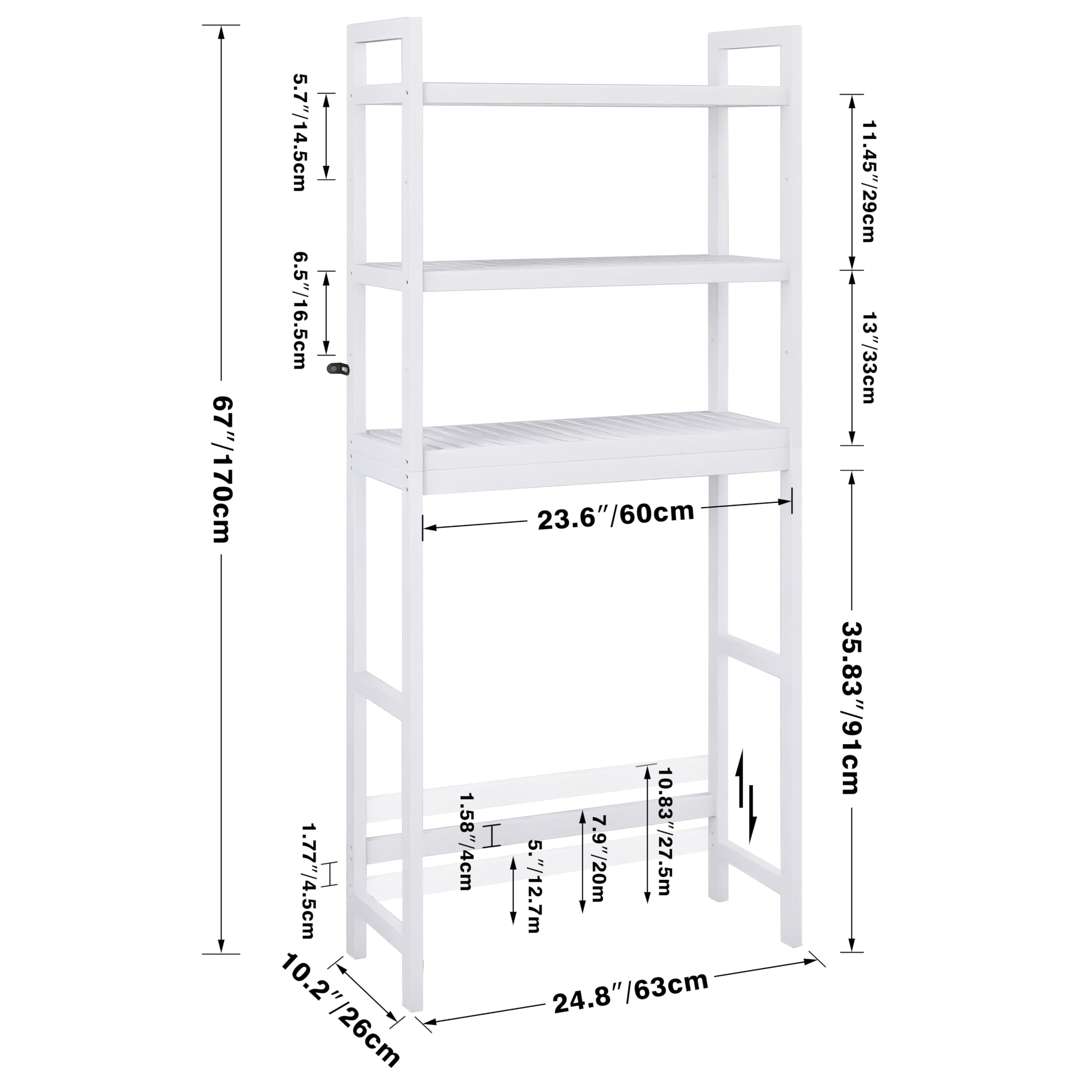 SMIBUY Bathroom Storage Shelf, Bamboo Over-The-Toilet Organizer Rack, Freestanding Toilet Space Saver with 3-Tier Adjustable Shelves (White)